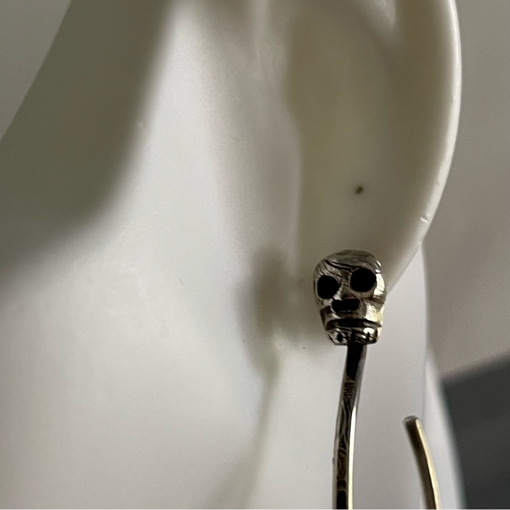 Skull Stud Hoop Earrings Sterling Silver 2” - Picture 3 of 8
